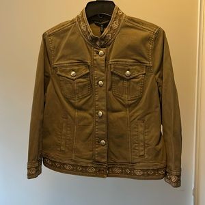 White House Black Market Olive colored with gold trim work casual jacket